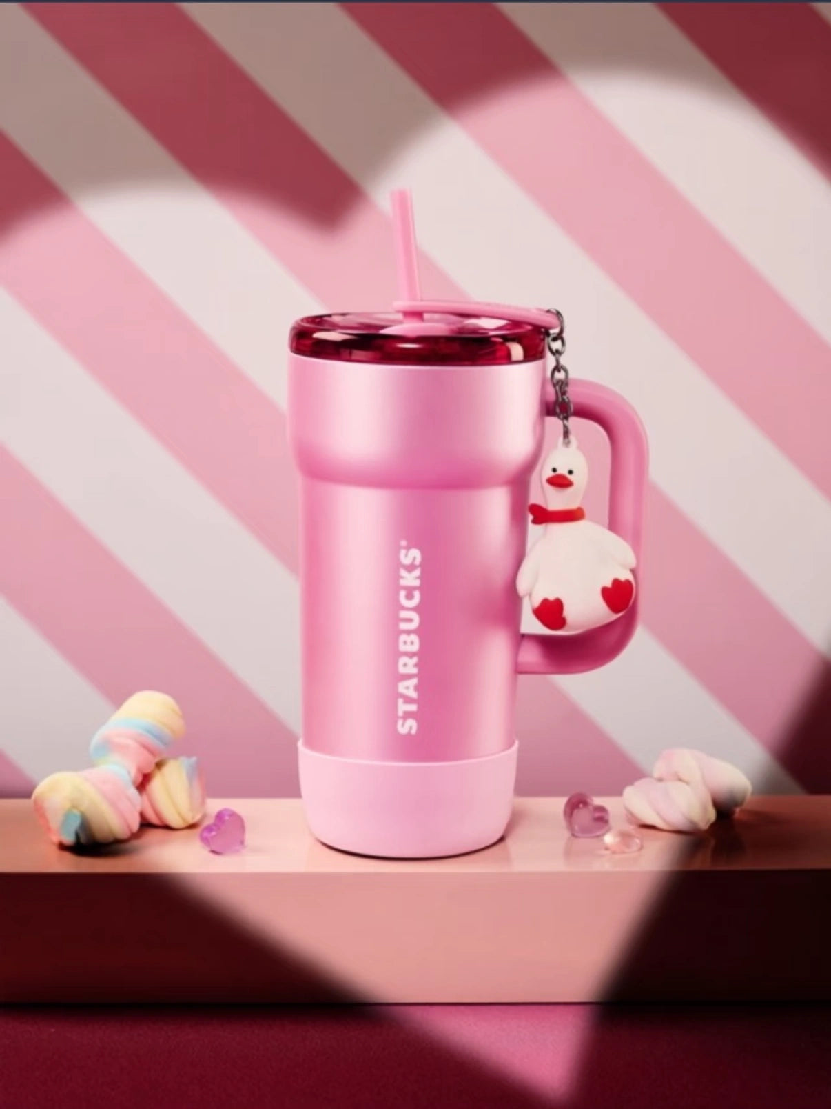 Starbucks Valentines Pink Stainless Steel 670ml Straw Cup with Duck Ornament