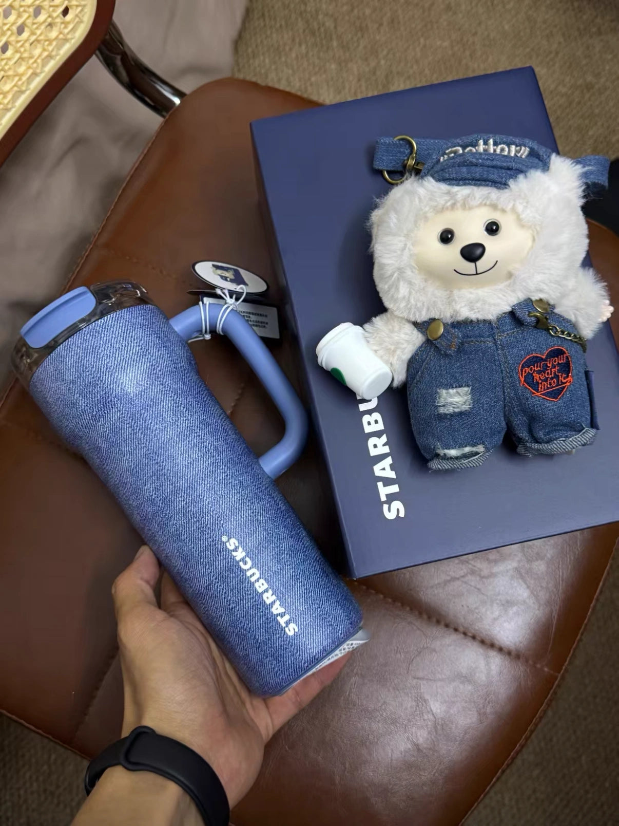 Starbucks  Denim 690ml Tumbler with Bearista Pendant on Hand