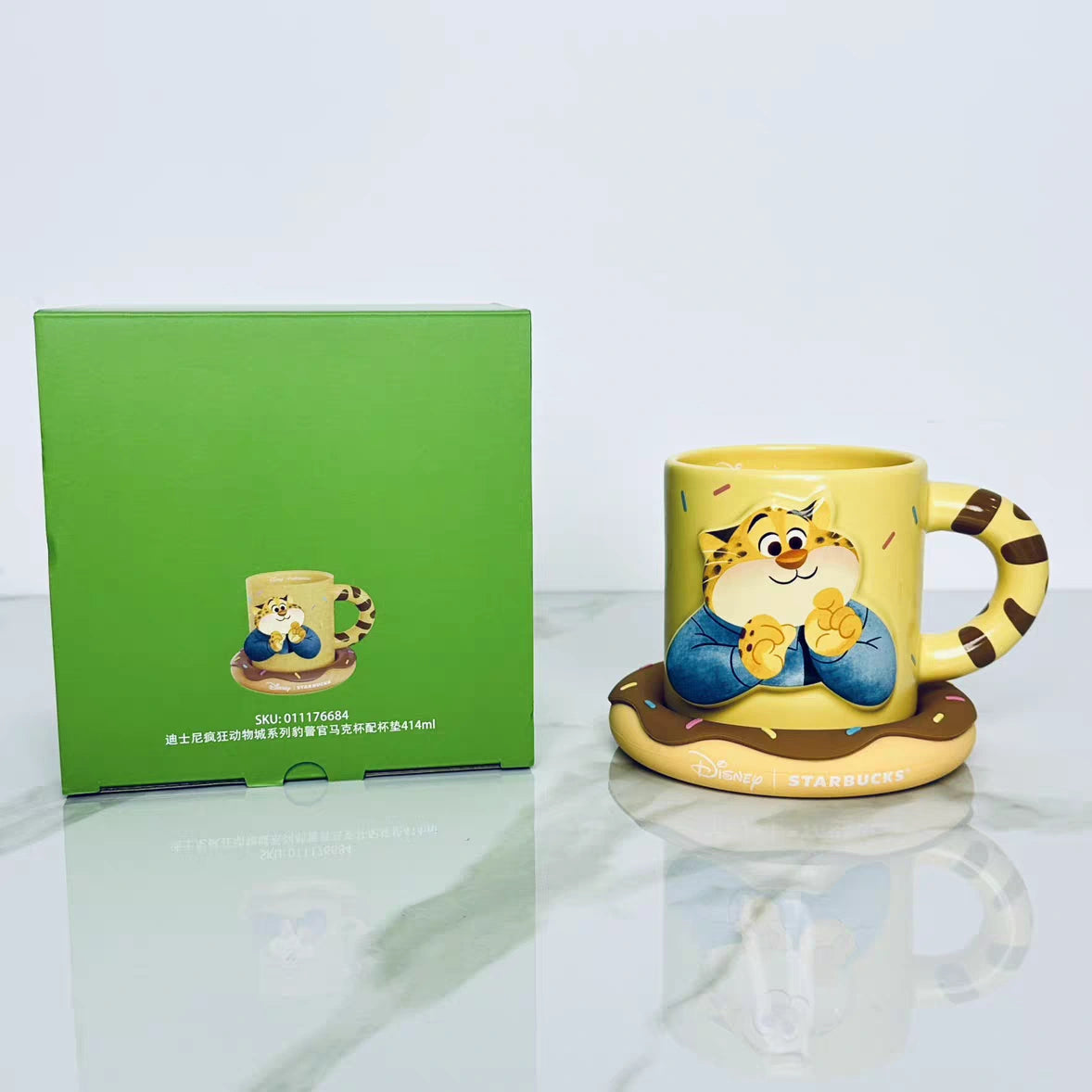 starbucks clawhauser Shaped Ceramic 414ml Mug with Donut Coaster display with box