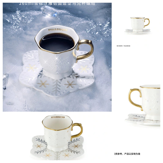 starbucks Ceramic Mug with Snowflake pattern Saucer set Display