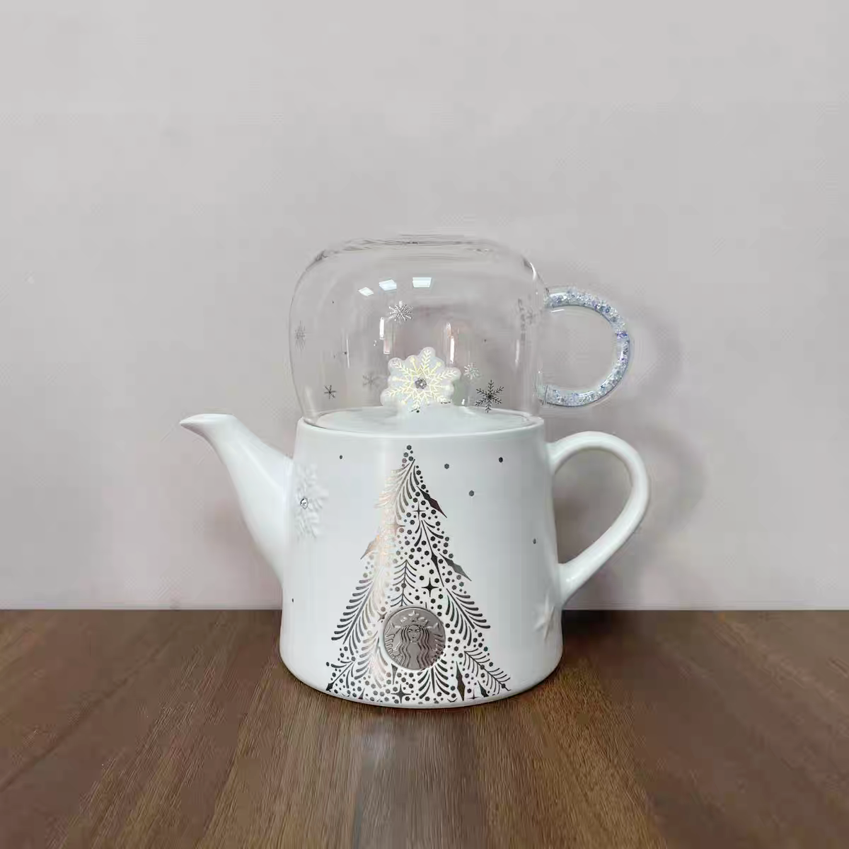Starbucks 2025 China Winter Snowlit Wonderland SnowFlake Teapot Set front