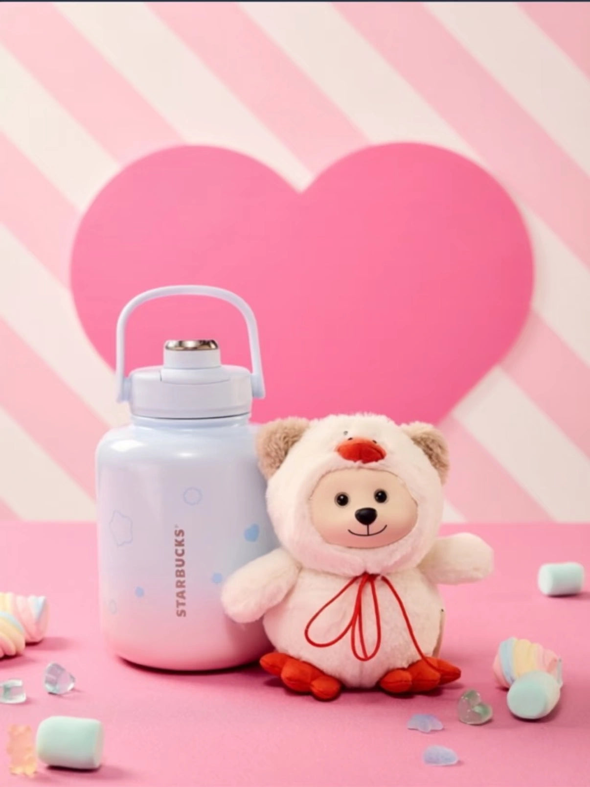 STARBUCKS Valentines Venti stainless steel tumbler with vinyl plush charm Display