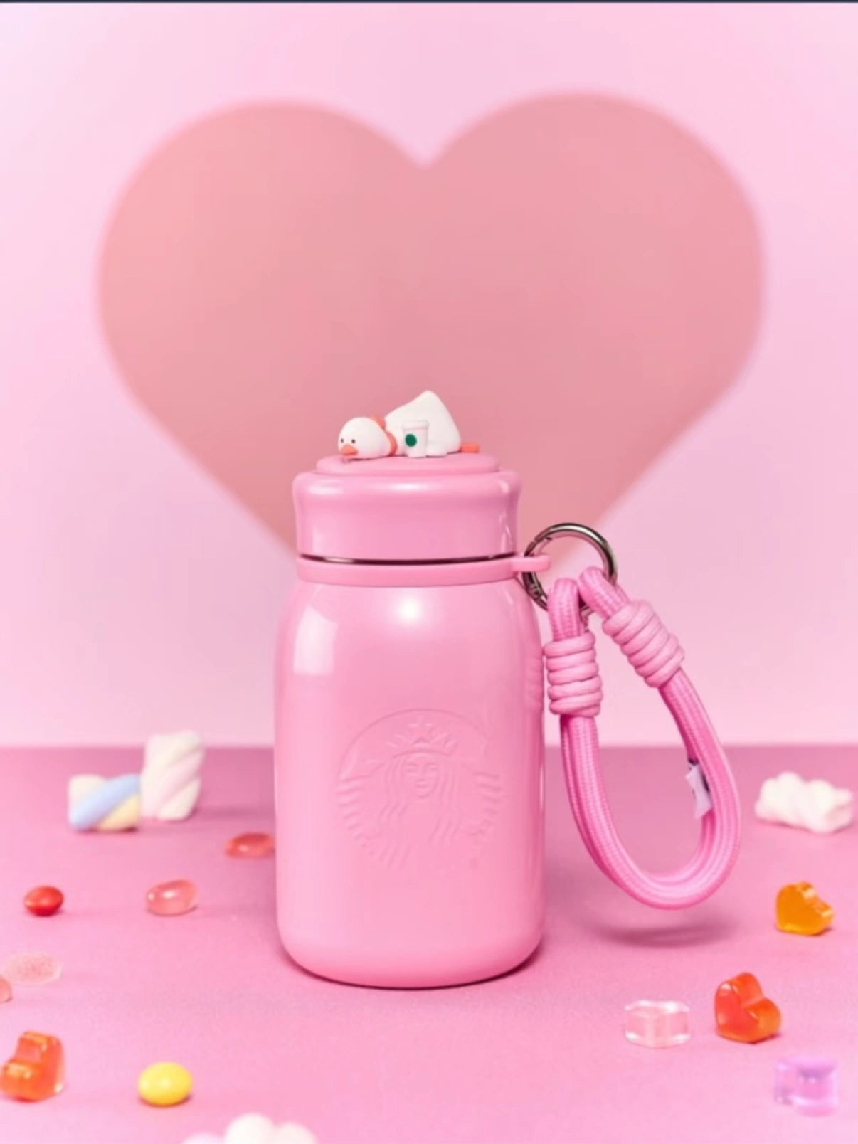 starbucks valentins Pink Thermos Duck Lids Cup with Lanyard display