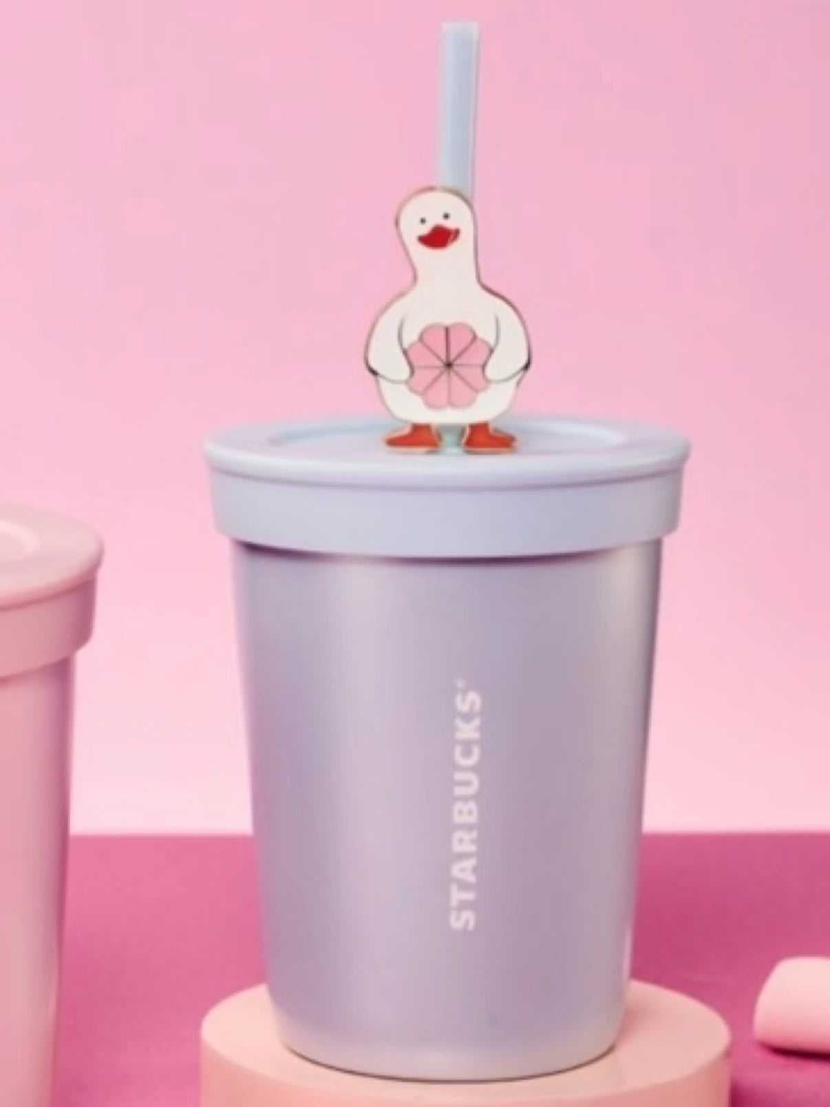 Starbucks Valentines Stainless Steel Blue Straw Tumbler with Duck Decoration