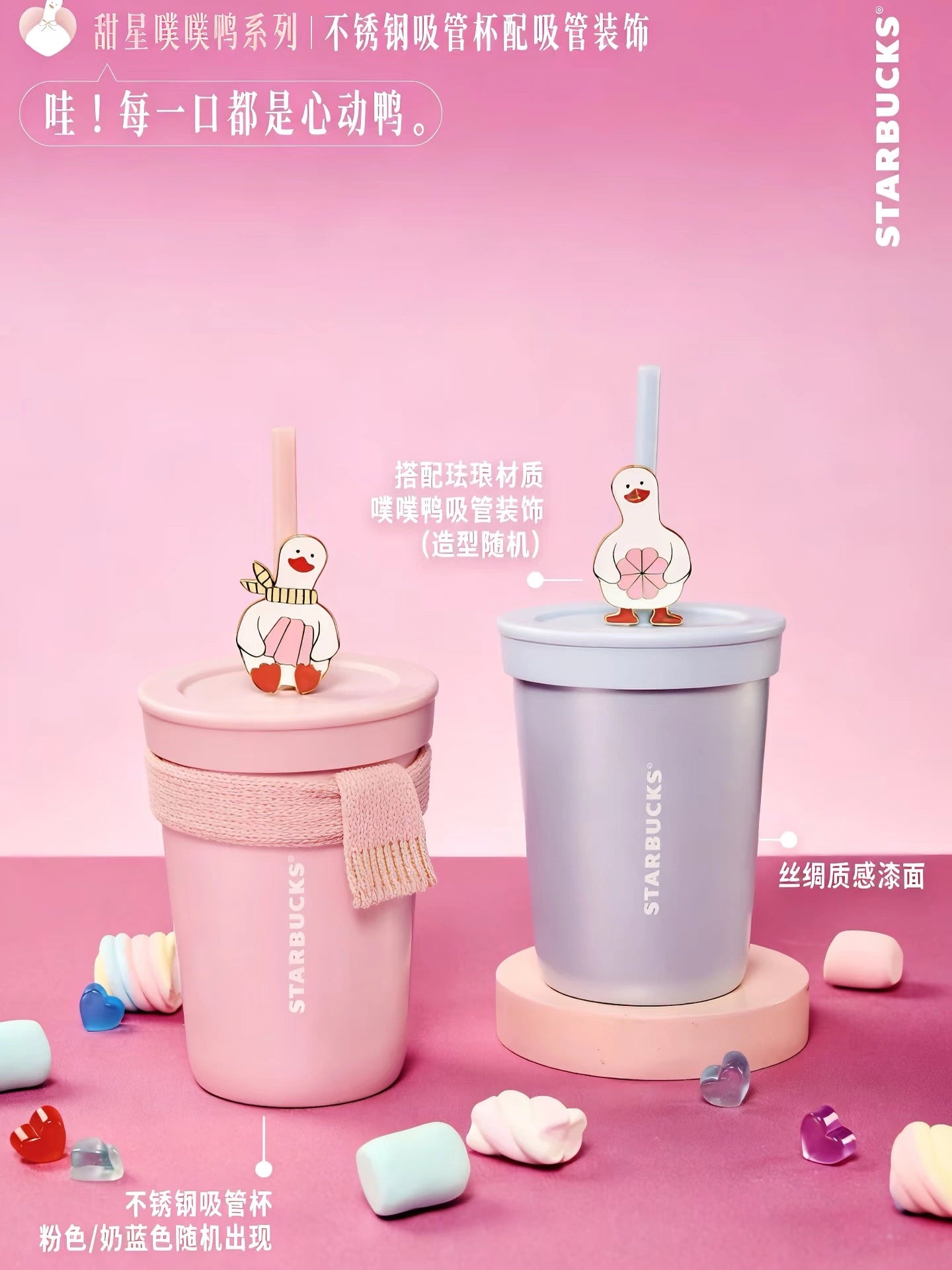 Starbucks Valentines Stainless Steel Straw Tumbler with Duck Decoration Set