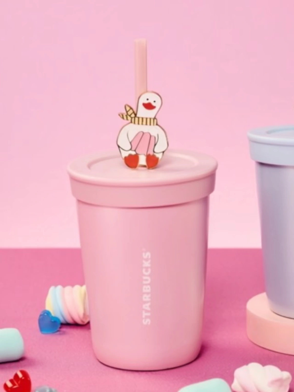 Starbucks Valentines Stainless Steel Pink Straw Tumbler with Duck Decoration