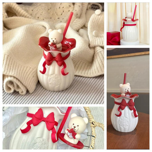 Starbucks Heartbeat 420ml Bow Bear Ceramic Straw Mug display